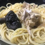 干し椎茸と残りの焼き魚パスタ